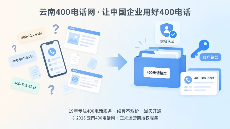 对比式插画：左侧信息分散，右侧档案清晰，代表400电话办理信息一致性