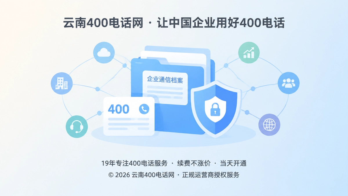 扁平化插画：企业通信档案夹、盾牌和连接节点，代表400电话交付档案化升级