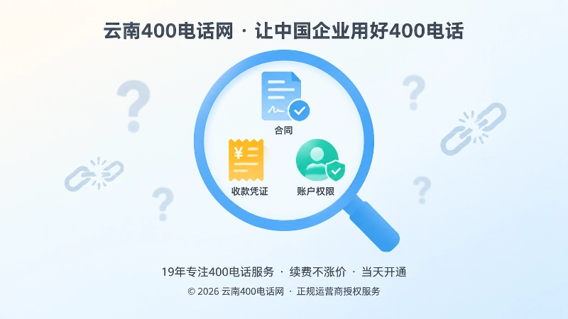 聚焦式扁平插画：放大镜对准合同、收款凭证和账户权限图标，表现400电话办理前的核验重点。